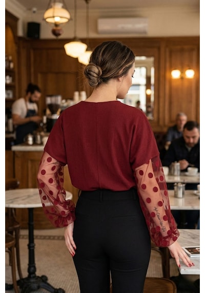 Armonika Kadın Bordo V Yaka Yarasa Kol Kolları Desenli Bluz Arm-26y001065 Armonika Kadın Bordo V Yaka Yarasa Kol Kolları Desenli Bluz Arm-26y001065
