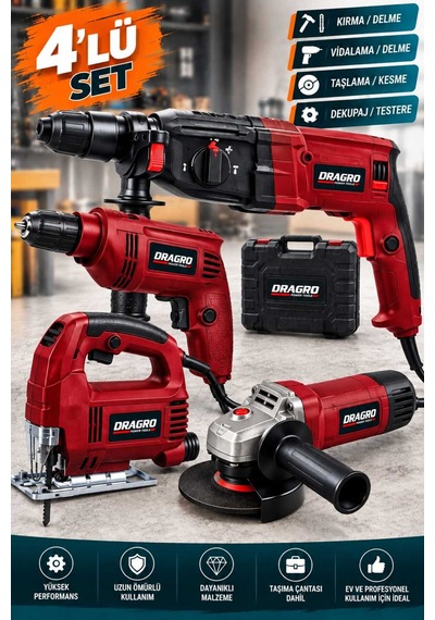 Dragro DRG-21V Çelik Şanzıman K Elektrikli 4'lü Set Matkap + Taşlama + Kırıcı Delici Hilti + Dekupaj