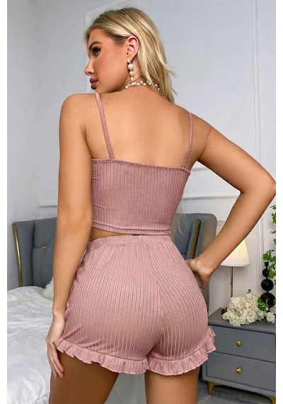 Merry See Dantelli Askılı Crop Üst Ve Fırfır Paça Mini Şortlu Pijama Takım Pembe