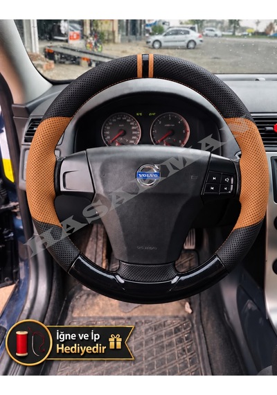 Volvo S40 Dikme Direksiyon Kılıfı Delikli Deri Parlak Siyah Taba Detay Çift Yüzük Ve Dikiş 2004-2012