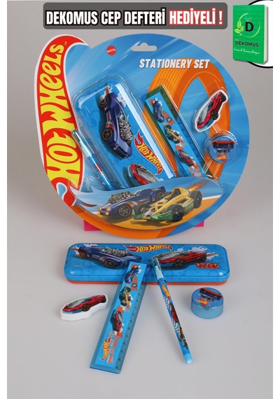X Dekomus Lisanslı Hotwheels Özel Tasarımlı 5'li Kırtasiye Seti Metal Kalem Kutusu,cetvel,kalem Açık Gri