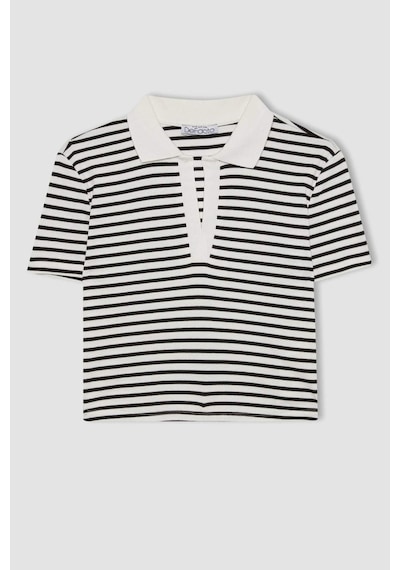 Defacto Fitted Çizgili Polo Yaka Kısa Kollu Tişört A0380AX23SM Beyaz