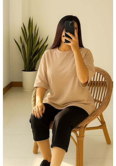 Düz Oversize Unisex Tişört Yb6 Bej