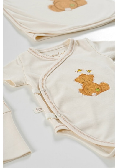 Tinylamb Fluffy Bear Oyuncaklı Organik Yenidoğan Hastane Çıkış Seti - 11 Parça Krem