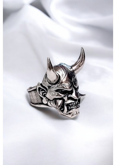 Erkek, Gümüş Kaplama Paslanmaz Kromix Çelik Yüzük - Japon Oni Maskesi Gotik Demon Motorcu Tasarım Gümüş