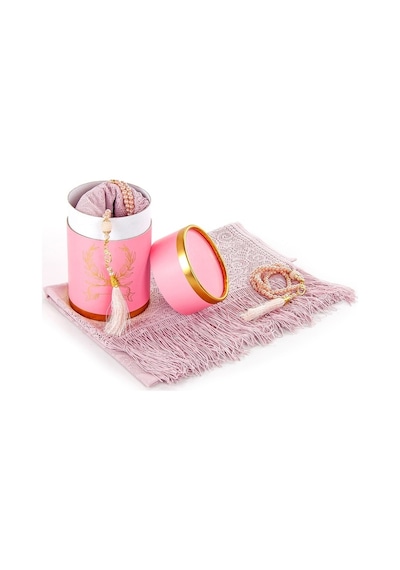 Özel Silindir Kutulu Set Inci Tesbihli Tül Şal Pembe Renk