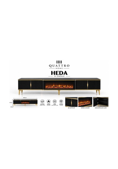 Heda Elektrikli Şömineli Tv Ünitesi Siyah Gold Modern Tasarım 160 Cm