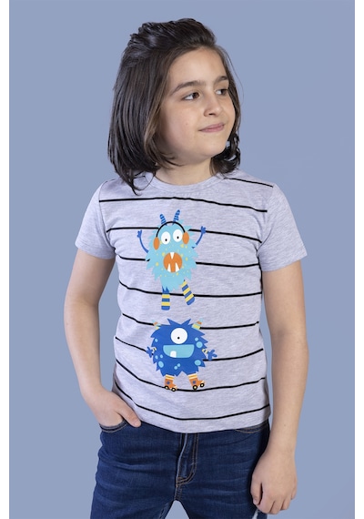 Toontoy Kids Toontoy Erkek Çocuk Çizgili Canavar Baskılı Tişört Gri Melanj