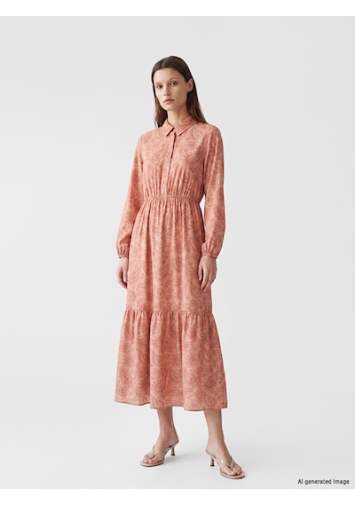 Lcw Modest Pembe Gömlek Yaka Desenli Belden Oturtma Kadın Elbise