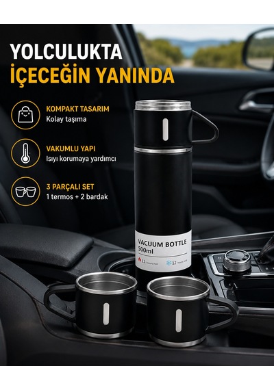 500 Ml Paslanmaz Çelik Termos Seti Sızdırmaz, Vakumlu, Isı Koruma Özellikli, Taşınabilir Termos Ahşap