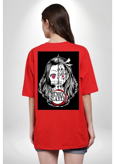 Anime Demon Slayer Kırmızı Oversize Unisex Ön Ve Sırt Baskılı Tişört Kırmızı