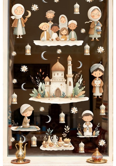Ramazan Temalı Çift Taraflı Cam Sticker Seti Çocuklar İçin Sevimli İslami Figürler & Cami Tasarımları Dijital Baskı