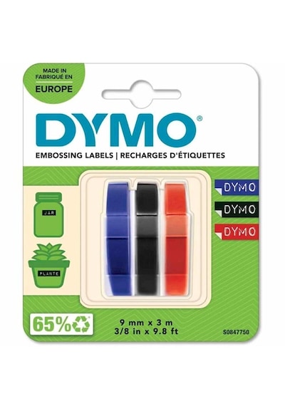 Dymo Kabartma Şerit 9 Mm X 3 Metre 3 Lü Blister Kırmızı Mavi Siyah