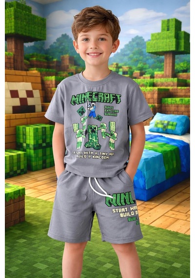 Cg Kids Minecraft Sof Gri Tshirt & Şort Alt Üst Takım Süper Kalite Sırt Baskı Detay