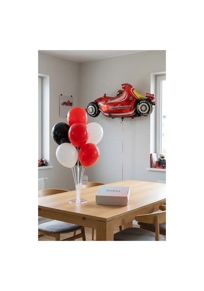 Yarış Arabası Kırmızı Balon Stand Seti Şeffaf 7 Li Stand + Yarış Arabası Folyo Balon 52 110 Cm + 7 Lateks Balon