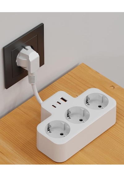 S-link Prz07 Beyaz 3 Soketli 15mm 1 Usb 2 Type-c Pd20w 1050 Joule Tam Bakır Kablolu Akım Korumalı Priz S-link