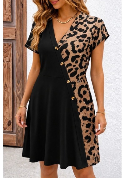 Veraura Lifestyle Kadın Kısa Kollu V Yakalı Bir Yanı Leopar Detaylı Kısa Viskon Elbise Siyah Veraura Lifestyle Kadın Kısa Kollu V Yakalı Bir Yanı Leopar Detaylı Kısa Viskon Elbise Siyah