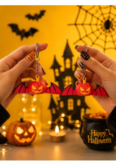 2'li Hareketli Balkabağı Yarasa Anahtarlık Halloween & Cadılar Bayramı Dekoratif Anahtarlık 3d Baskı Hediyelik Turuncu