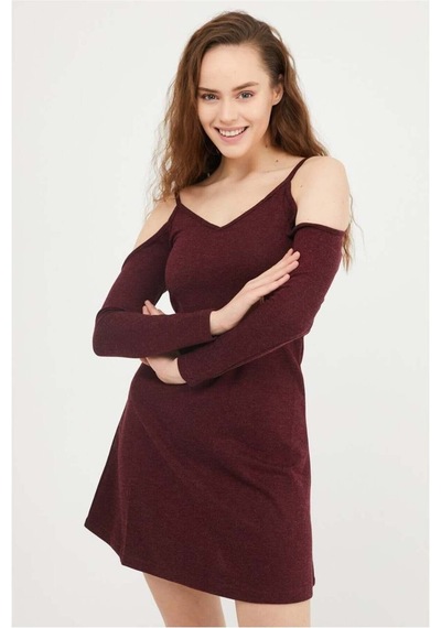 Store Kadın Yaka Elbise V Şık Bordo - 935898613 Bordo
