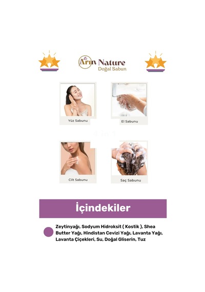 Lavanta %100 Doğal Güzel Kokulu El Yüz Saç Vücut Orijinal Bitkisel Lavanta Sabunu 120g - 4 Adet Karışık