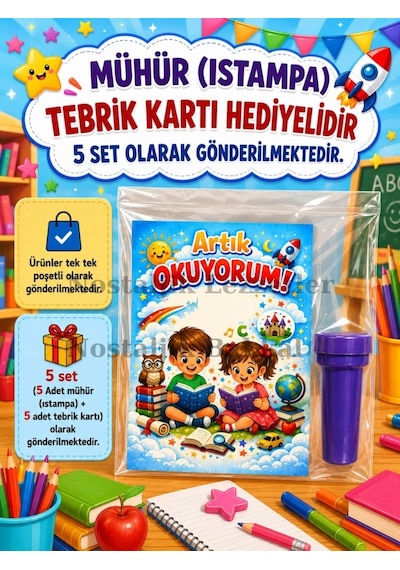 Okumayı Yeni Öğrenen Öğrencilere 5 Set 1. Sınıf Hatırası Mühür Istampa Tebrik Kartı Hediyeli