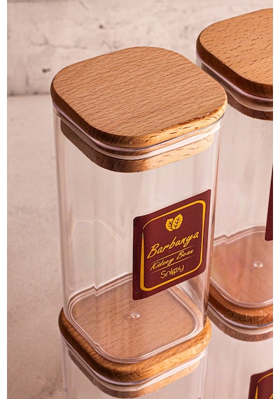 Snippy Boxy - 6'lı Ahşap Vakumlu Kapaklı Etiketli Baharatlık Takımı 350 Ml - Erzak Saklama Kabı Seti Ahşap