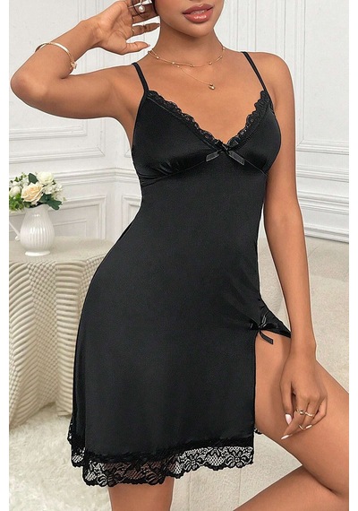 Ang Butik Kadın Siyah Dantelli Fiyonklu Ve Yırtmaçlı Şık Gecelik