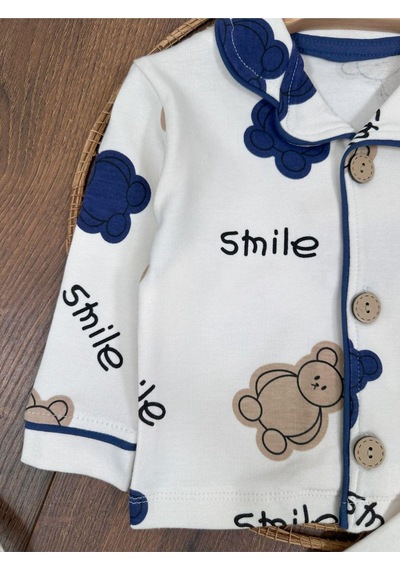 Kruvaze Yaka %100 Pamuk Smile Baskılı Relaxed Mevsimlik Pijama Takımı 4bb2 Beyaz