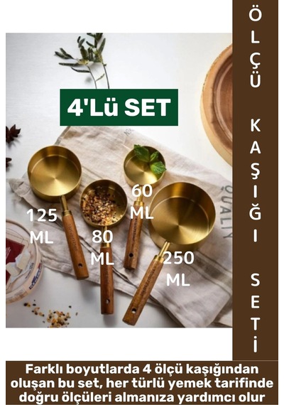 Pratik Mutfak Yemek Hazırlık Bakliyat Sıvı Ölçüm Estetik Gold Renk 4lü Ahşap Saplı Metal Ölçü Kaşığı Çok Renkli