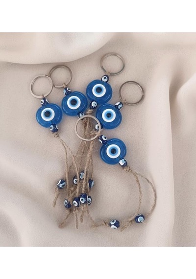 Nazar Boncuk Şeffaf Mavi Anahtarlık 5 Adet Kötü Göz Kovucu Ahşap Boncuklu Nazar Hand Made Hasır Nazarlı Anahtarl