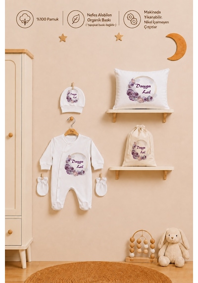Pia Baby Kız Bebek Hastane Çıkışı İsimli Tulum Takımı Yastık Kılıfı Şapka Eldiven Kıyafet Kesesi Bebek Hediyesi 2052ytkyx Krem