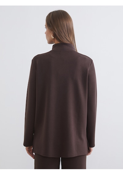 Lcw Everyday Kahverengi Dik Yaka Çizgili Oversize Kadın Tişört