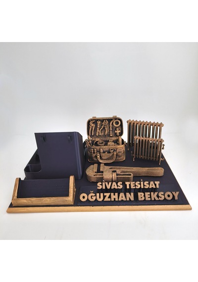 Kişiye Özel Sıhhı Tesisatçı Masa İsimliği Ve Kartvizitlik Gold - Siyah