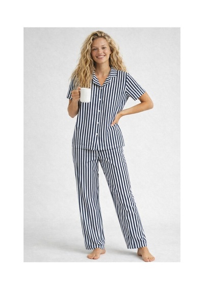 Rindahomewear Pamuklu Örme Kumaş Desenli Düğmeli Pijama Takım Lacivert Çizgili