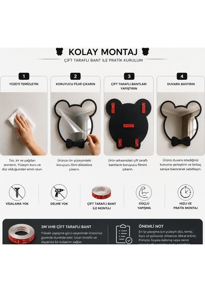 Dekoratif Papyonlu Mouse Tasarımlı Çocuk Odası Duvar Aynası Siyah