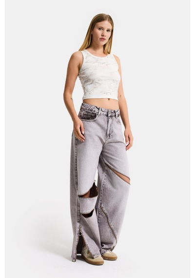 Kadın Beyaz W5 Crop Özel Baskılı Yıkamalı Kumaş Tasarım Body
