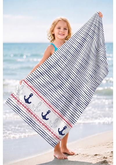 Çizgili Marine Çapa Plaj Havlusu - Lacivert Beyaz Nautical Tarz Hızlı Kuruyan Mikrofiber Havlu Örtü Kül Akasya