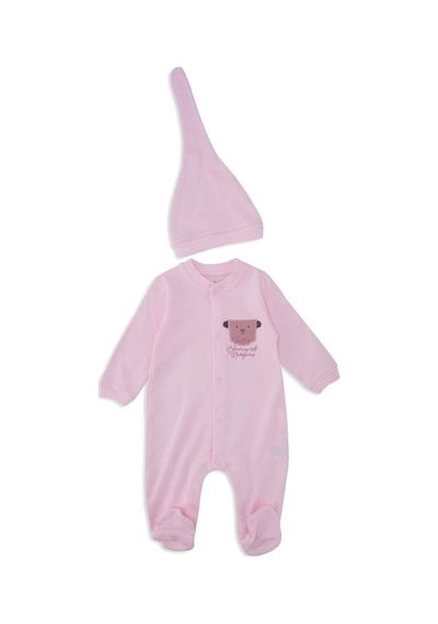 Unisex Bebek Hayvan Nakışlı Raporlu Çıtçıtlı Şapkalı Patikli Tulum 001