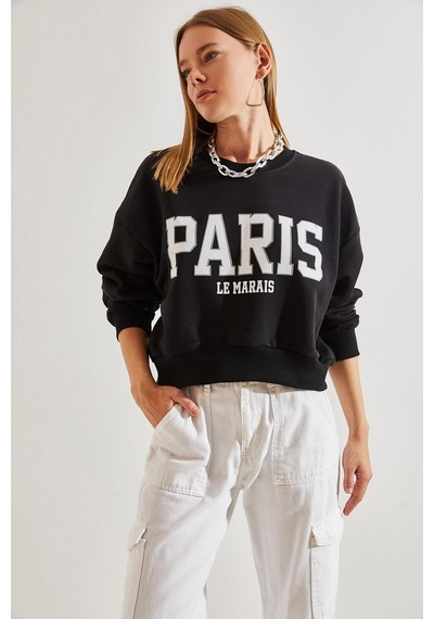 Shade Kadın Paris Baskılı Üç İplik Şardonlu Sweatshirt 40981007 - Siyah