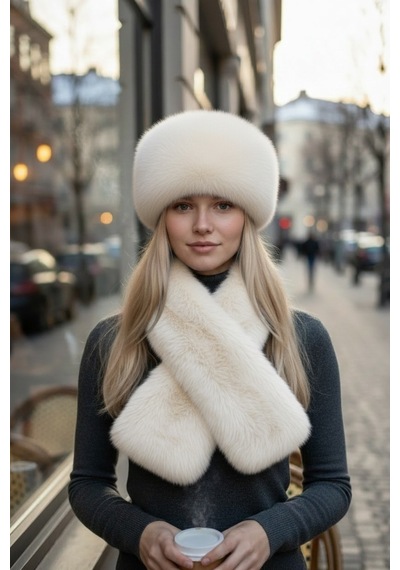 Givoria Kadın Kürklü Atkı Ve Kalpak Şapka Takımı Rus Slav Tarzı Kışlık Peluş Eskimo Set Bej Bej