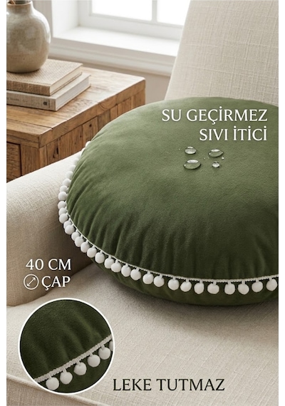 Yuvarlak Minder 40 Cm Çap Su Geçirmez Sıvı İtici Leke Tutmaz Beyaz Ponponlu Dekoratif Ev Minderi Çok Renkli