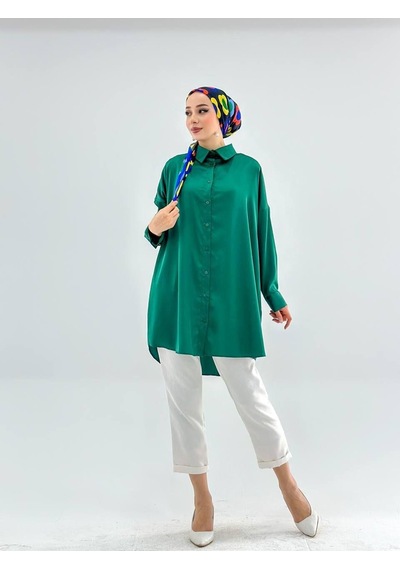 Vioshine Vıoshıne Kadın Oversize Saten Gömlek-yeşil Yeşil