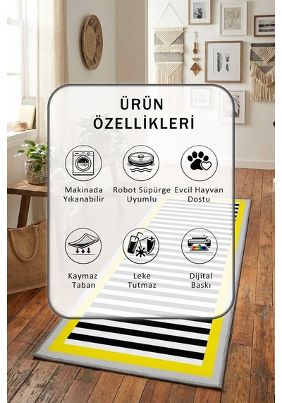 Filsiz Sari Acik Gri Yıkanabilir Yolluk Gri - Sarı