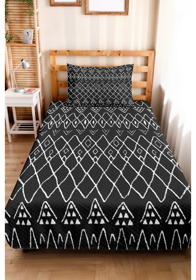Siyah Etnik Geometrik Genç Odası Tek Kişilik Pike Takımı - Modern 160x220 Cm Kapitone Yatak Örtüsü Kışlık Vadi Kabuğu