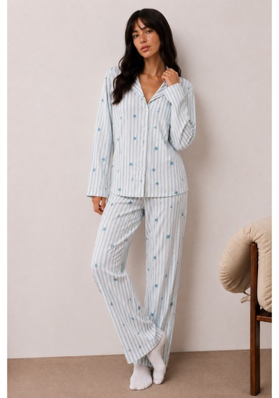 Kadın Düğmeli Kışlık Ev Mavi Pijama Takımı