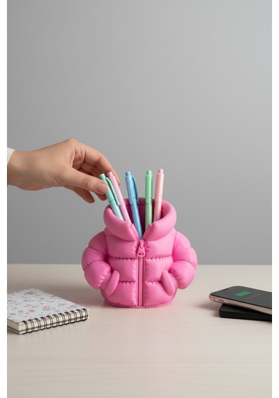 Şişme Mont Figürlü Kalemlik Pembe
