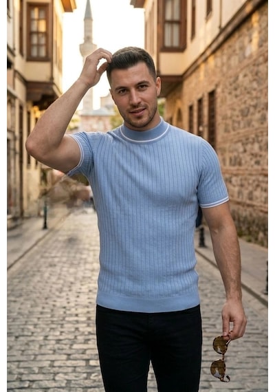 Erkek Fitilli Triko Dokuma Kısa Kol Tişört Yarım Boğaz Modern Yazlık T-shirt - Bebe Mavisi