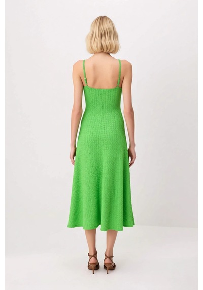 Benerly Kadın İnce Askılı V Yaka Dokulu Bodycon Maxi Elbise Astarsız Raha Yeşil