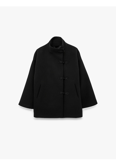 Koton Dik Yaka Oversize Kaşe Kaban Çin Düğüm Detaylı Cepli Uzun Kollu Siyah 7wak00226ew
