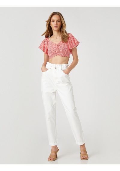 Koton Çiçekli Crop Bluz Büzgü Detaylı Kolları Volanlı Turuncu Desenli 2sak60266pw 2SAK60266PW19E